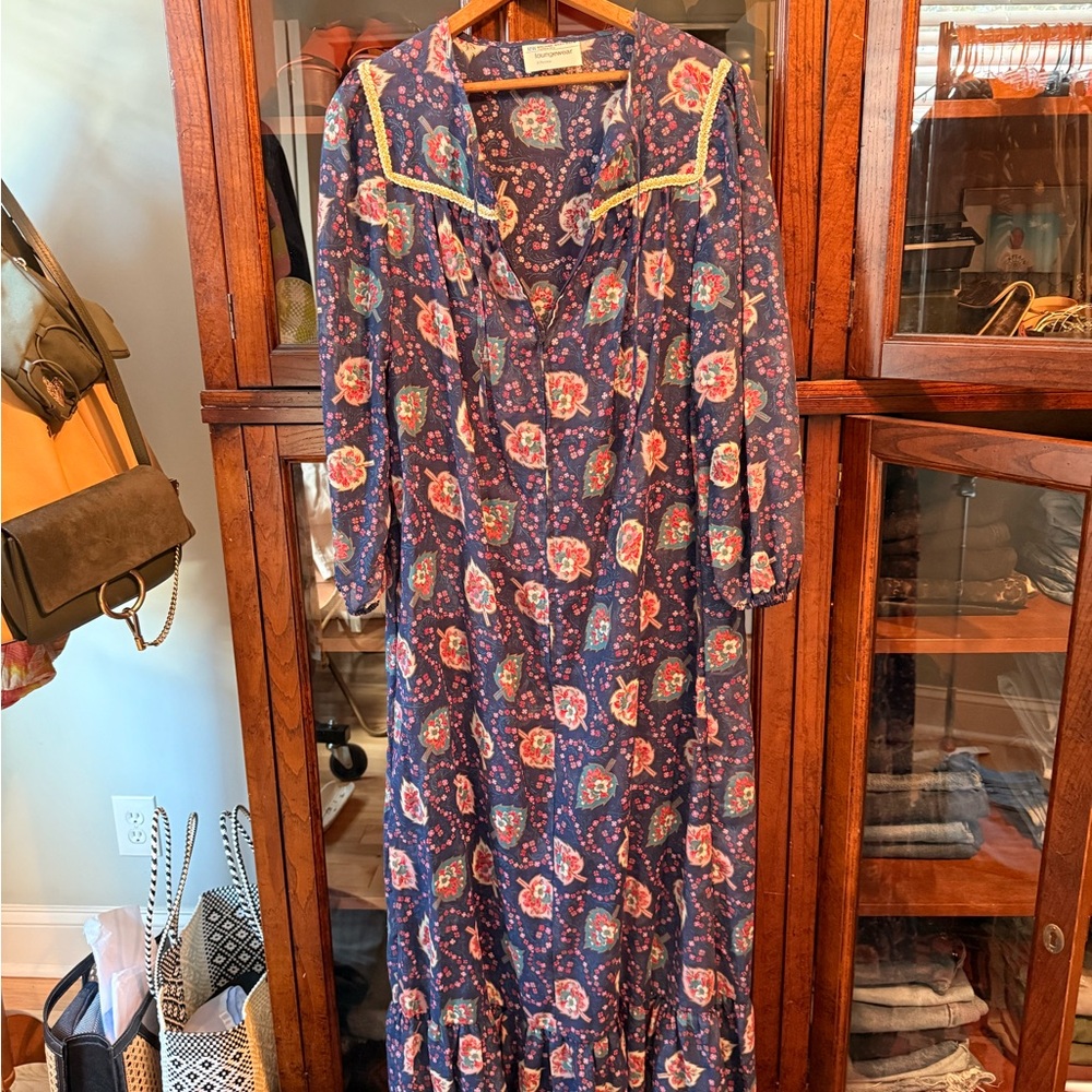 Vintage | Navy Floral Paisley Maxi Dress with Pink Accents